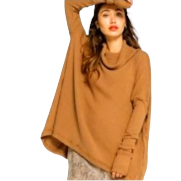 Free People Juicy Long Sleeve Cowl Neck Waffle Knit Split Back Top Canyon Moon - Picture 1 of 8